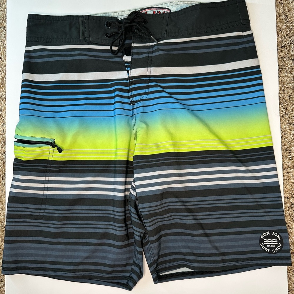 Ron Jon Surf Shop Men’s Boardshorts 30 – Blue Yellow‎ Striped Surf Swim Trunks